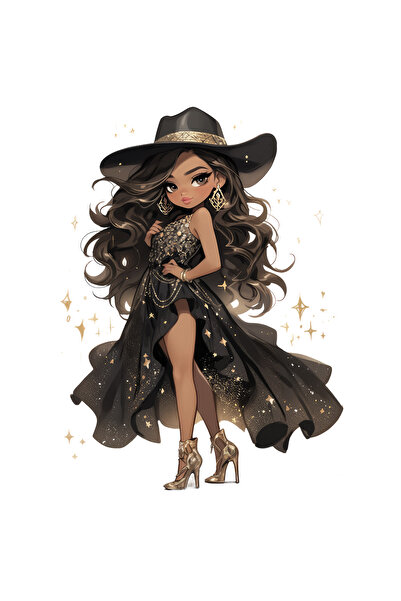 Reysa Tasarım ملصق حائط لفتاة رعاة البقر في فستان أسود وذهبي لامع