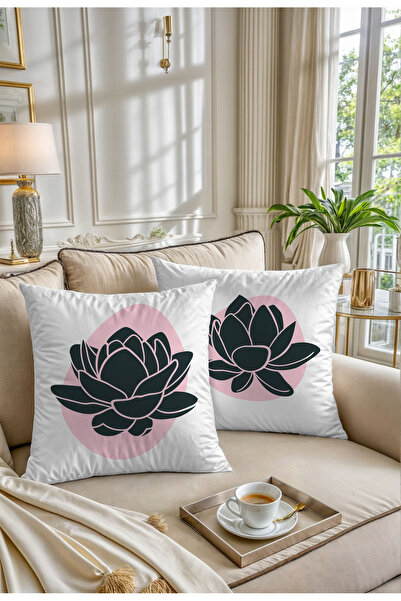 Hayal Dekoratif Nature Themed Lotus Flower Patterned White Background Pink Color 4-Piece Sofa Throw Pillow Cover Set