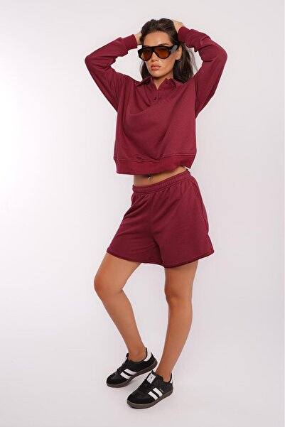 Madmext Burgundy Polo Collar Women's Shorts Sweatshirt Suit Mg2375