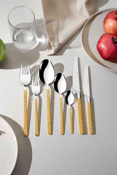 Nehir Lyon Gold Plain 12-Person 84-Piece Leather Boxed Cutlery Set