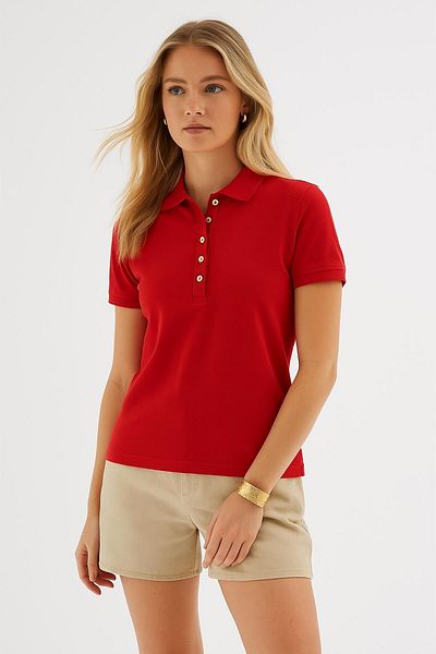 Fashion Friends Polo Neck Short Sleeve Stretch Cotton T-Shirt Red