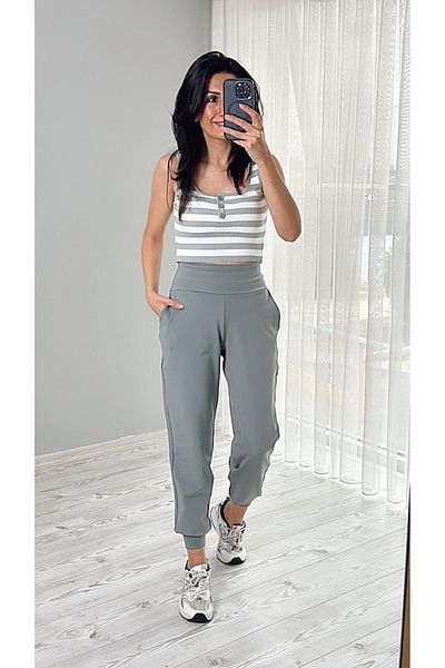 My Blog Gray - Ecru Buttoned Striped Crop Tank Top