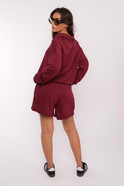 Madmext Burgundy Polo Collar Women's Shorts Sweatshirt Suit Mg2375