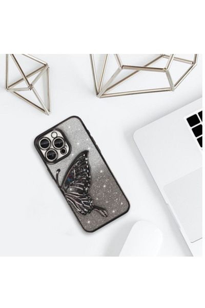 Gtech Husa Eleganta Glitter pentru Apple iPhone 11, model fluture in relief, margine metalizata, Negru