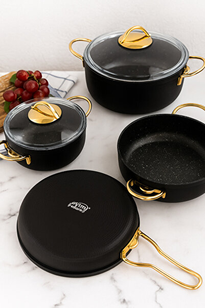 Evim Şahane طقم أواني طهي من الجرانيت مكون من 7 قطع من So Chic Gold - غير قابل للالتصاق ومقاوم للحريق مع تفاصيل ذهبية أنيقة