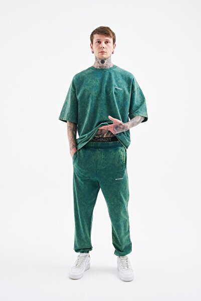 Machinist Ανδρικό παντελόνι φούτερ με χαλαρή εφαρμογή, που πλένεται εύκολα, σε χρώμα πράσινο με κηλίδες