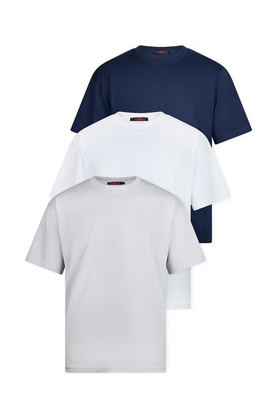 WERRONİ 3-Piece Oversize Massimo Thick Buckle Basic T-Shirt - White - Navy Blue - Gray