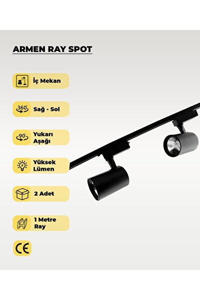 AC AYDINLATMA Armen 2 Adet Siyah Kasa Beyaz Işık Ray Spot Set ve 1 Metre Ray Set