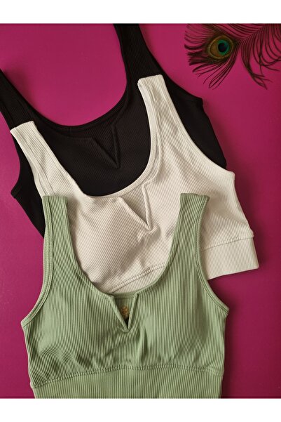 Demirsa Boutique Women's Bustier with Model, Ribbed 3 Pieces White, Green and Black Color Removable and Attachable Pads