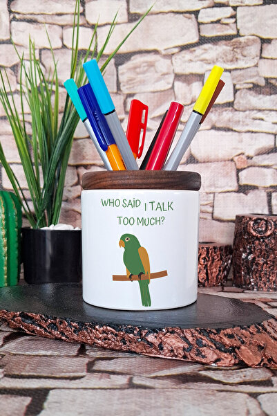 qoeuyl boutique Text and Parrot Printed Ceramic Pen Holder Desktop Organizer
