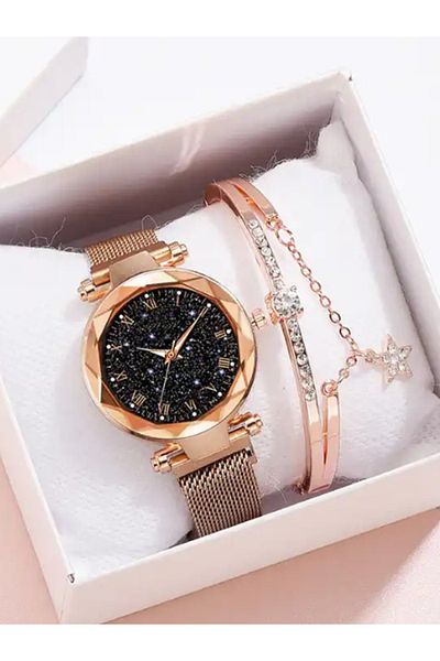 MACON Rhinestone Decor Round Dial Zinc Alloy Strap Quartz Watch with Luminous Bracelet Set - Gold