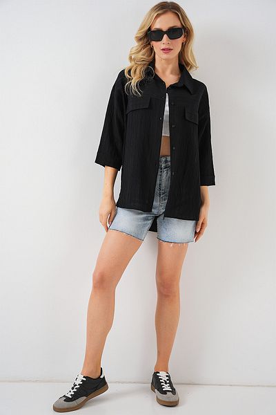 Bigdart Women's Pocket Detailed Short Sleeve Shirt 20317 - Black