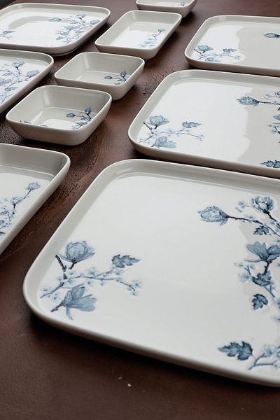 Porselen Diyarı Freesia 14 Piece Square Porcelain Breakfast Set for 6 People Blue White