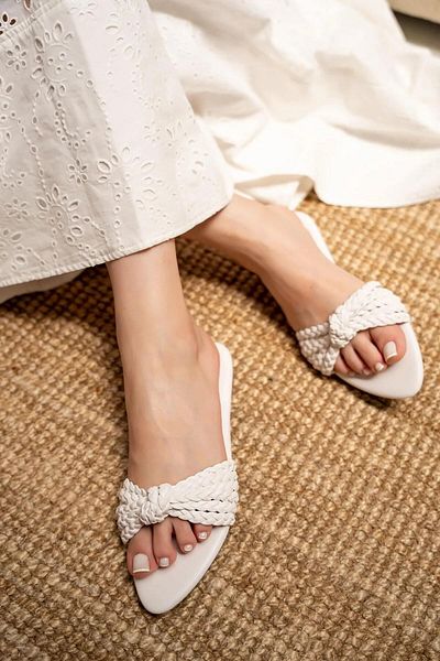 LamintaGlobal Mi̇ri̇m White Knitted Detail Women's Slippers