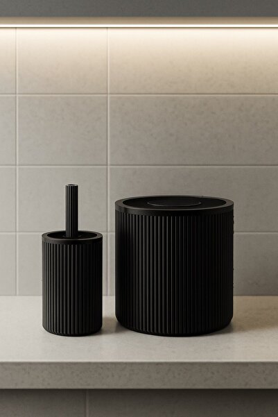 Sas Haus Lines Series Black Bathroom Set, 2 Piece Acrylic Cylinder 5 Liter Trash Can and Toilet Brush Set