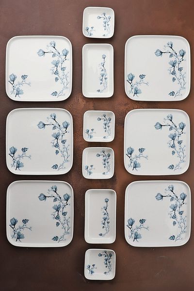 Porselen Diyarı Freesia 14 Piece Square Porcelain Breakfast Set for 6 People Blue White
