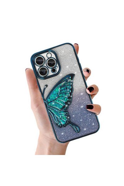Gtech Elegant Glitter Case - Compatible with Apple iPhone 14, three-dimensional butterfly model, Blue