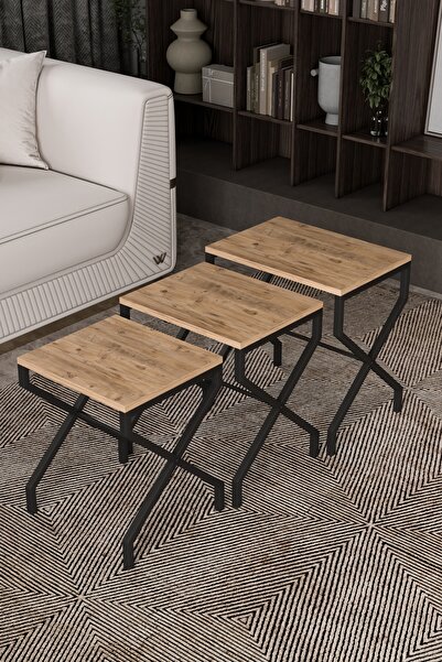 Remaks Lotus 3'lü Zigon Sehpa Orta Sehpa Dekoratif 3 Boy Ofis Sehpası Salon Sehpası Çok Fonksiyonlu Meşe