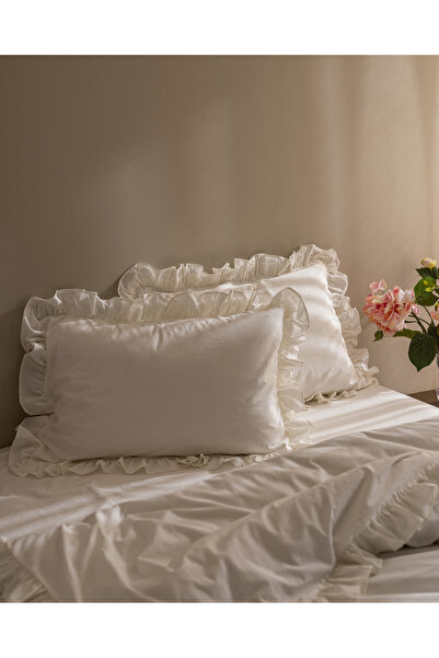 Madame Coco Obernai King Size 100% Cotton Ruffled Plain Washable Duvet Cover Set - White