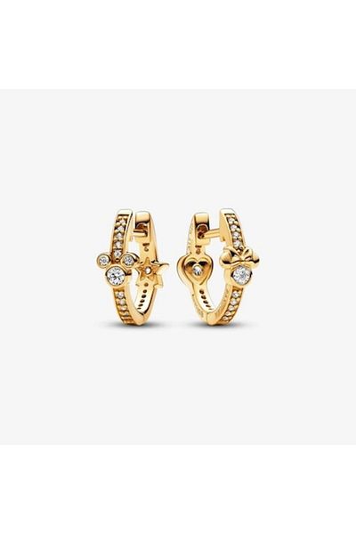 Pandora Cercei Rotunzi Stralucitori Cu Mickey Mouse Si Minnie Mouse Disney Cu Zirconiu Si Aur 14k