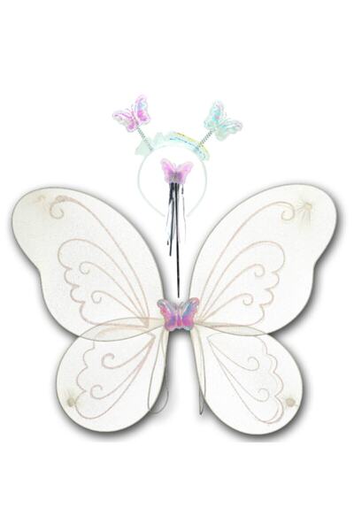 Saatistan Λευκό χρώμα Φτερό πεταλούδας, στέμμα και ράβδος σετ 3 τεμαχίων, διασκεδαστικό σετ παιχνιδιών για παιδιά