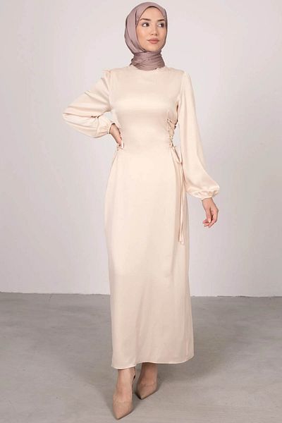 Tesettür Diyarı Γυναικείο Βραδινό Φόρεμα Σατέν Hijab με Σταυρό Πλαϊνό - Μπεζ