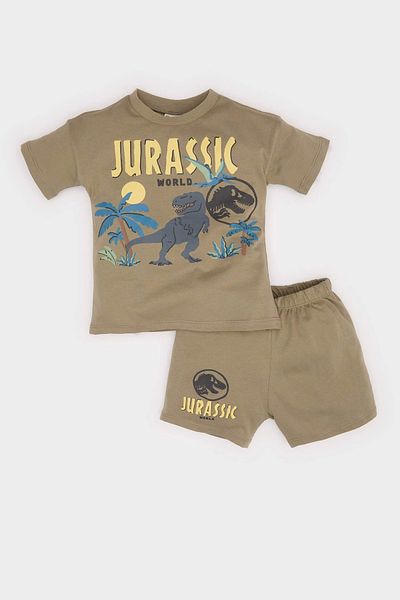 DeFacto E6922 Khaki Baby Boy Jurassic World 2-Piece Set Short Sleeve T-Shirt Elastic Waist Shorts