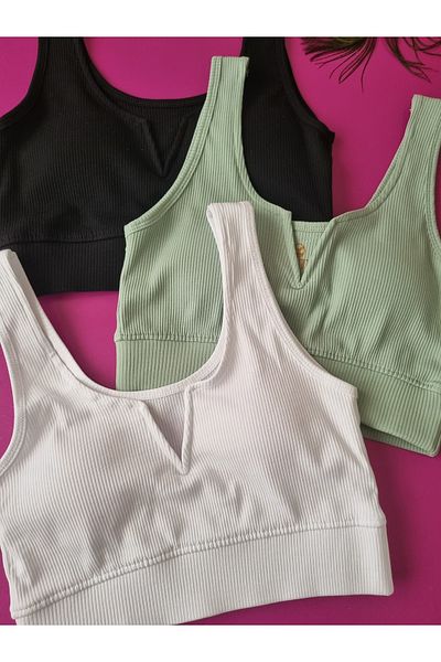 Demirsa Boutique Women's Bustier with Model, Ribbed 3 Pieces White, Green and Black Color Removable and Attachable Pads