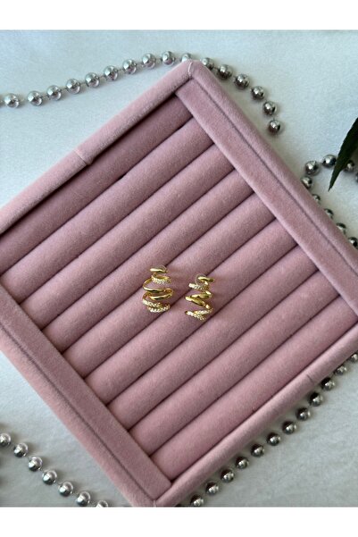 JEWELRY Özel Seri Altın Renkli Yuvarlak Kıvrımlı Zirkon Taşlı Tasarım Model Rodyum Kaplama VIP Küpe