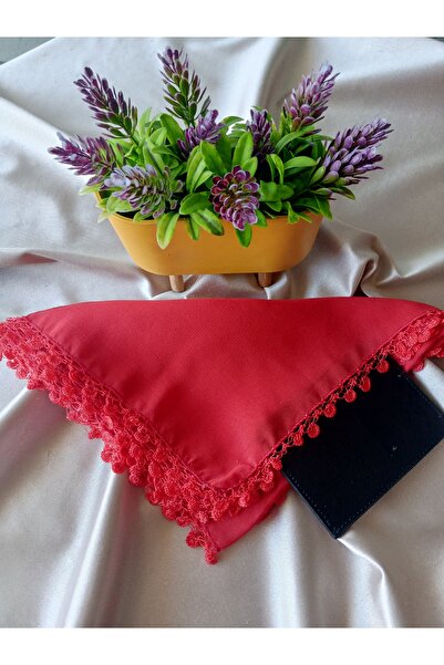 Pervin Ablacım Red Chiffon Scarf Edge Crochet Yarnwork Four Sides Handwork Eyelet Made