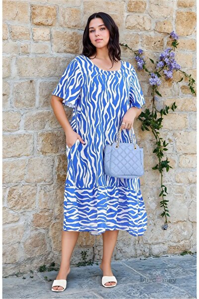 Burcumay Women's Patterned Blue Short Sleeve Pocket Ruffled Viscose Midi Plus Size Dress Summer Beach Holiday Dress
