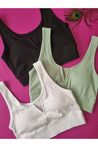 Demirsa Boutique Women's Bustier with Model, Ribbed 3 Pieces White, Green and Black Color Removable and Attachable Pads