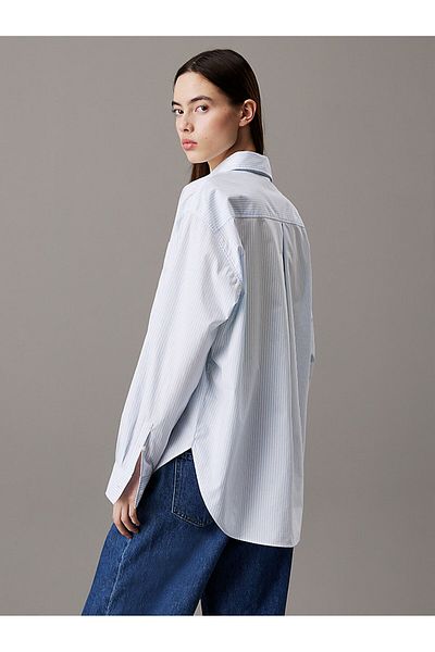 Calvin Klein Brilliant White & Blue Stripe Women Woven Label Relaxed Short Sleeve Shirt