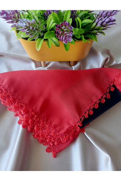 Pervin Ablacım Red Chiffon Scarf Edge Crochet Yarnwork Four Sides Handwork Eyelet Made