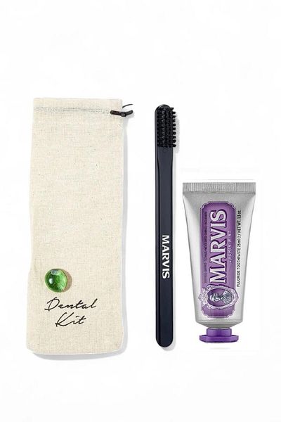 Marvis Jasmin Mint Toothpaste 25 ml + Dental Kit with Medium Hard Black Toothbrush