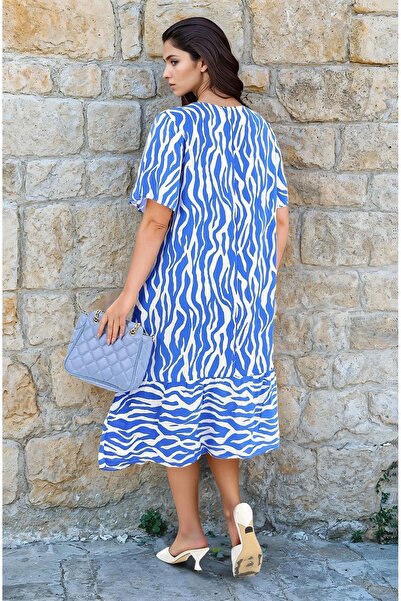 Burcumay Women's Patterned Blue Short Sleeve Pocket Ruffled Viscose Midi Plus Size Dress Summer Beach Holiday Dress