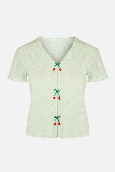 koza iç giyim Women's Cotton 3-Piece Green Bow Camisole Pajama Set