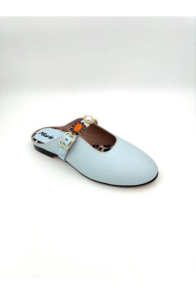 Mariolucci Women's Daily Stone Accessory Slippers (Leopard) Genuine Baby Blue Leather