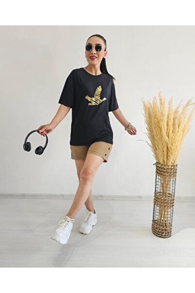 6 butik altı üstü butik Tricou cu detalii de pasăre-negru