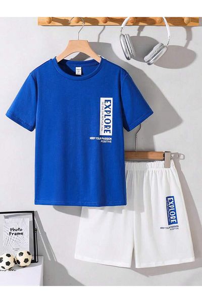 buendiakids Girl'S\Boy's Saks Blue-White Explore Printed Combed Cotton Shorts-Tshirt Set