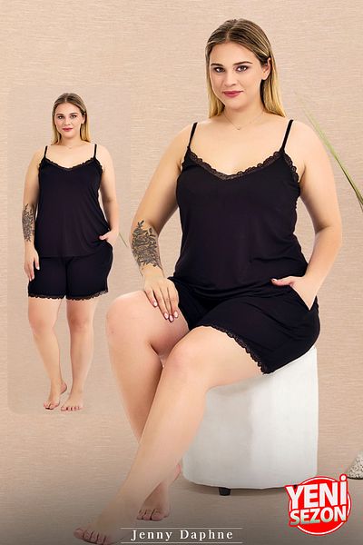 Jenny Daphne Lady Plus Size Black Color Thin Strap Lace Shorts Pajamas Set 10445