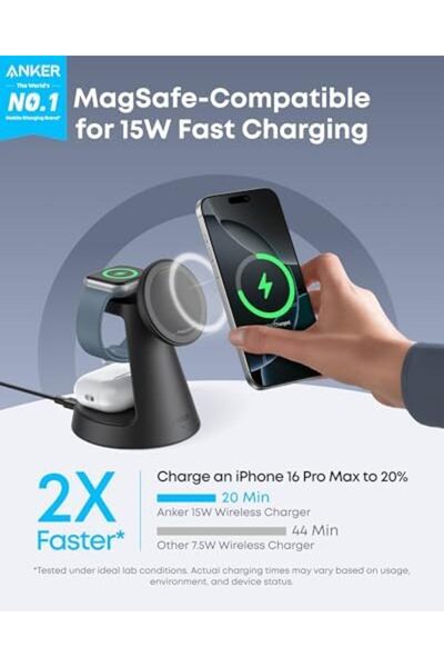 Anker شاحن لاسلكي مغناطيسي MagGo (حامل قفص الاتهام)، 3 في 1 معتمد من Qi2، سلك متوافق مع MagSafe بقوة 15 وات