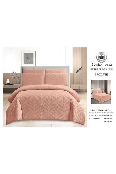 sonia home damasc Embroidered Cotton Bed Linen, Herringbone Design, 6 Pieces - Sonia Home Design - Salmon