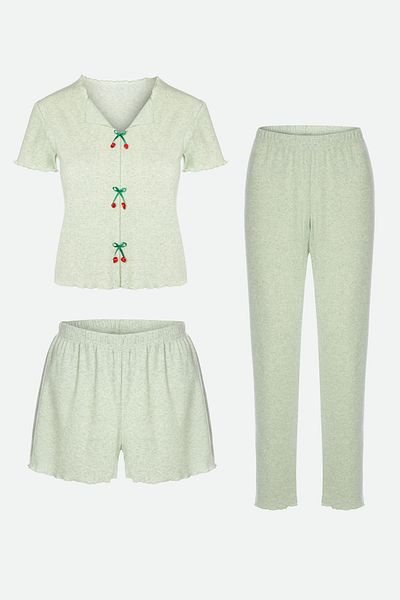 koza iç giyim Women's Cotton 3-Piece Green Bow Camisole Pajama Set