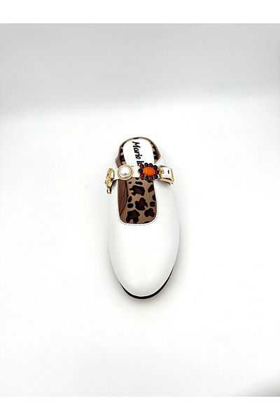 Mariolucci Women's Daily Stone Accessory Slippers (Leopard) Genuine White Leather