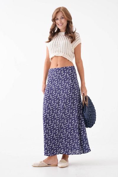 Saade Navy Blue Floral A-Line Patterned Midi Woven Skirt