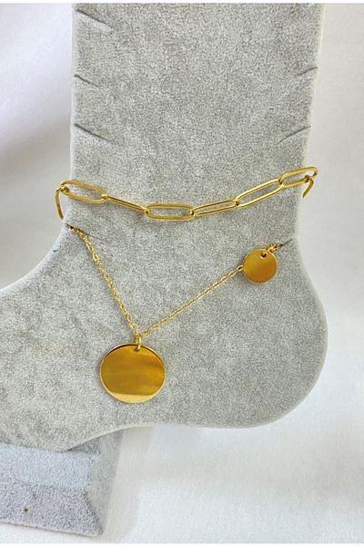 stainless steell Gold Color Sequin Model Paper Clip and Sf Chain Steel Anklet