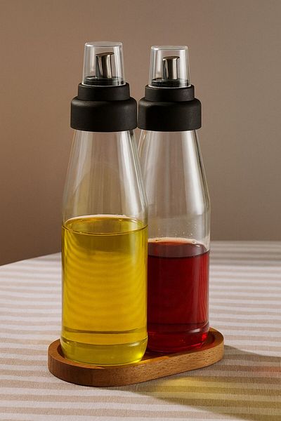 Bayev 6 Piece Large Size Sippy-Free Oil Pot Smart Wooden Stand Glass Oil Set - 720 ml