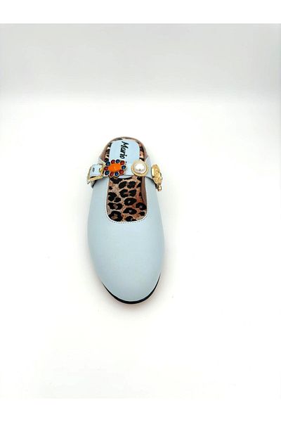 Mariolucci Women's Daily Stone Accessory Slippers (Leopard) Genuine Baby Blue Leather