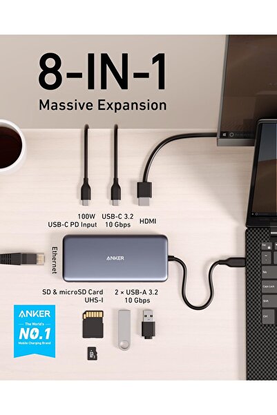 Anker موزع USB-C 8 في 1 مع توصيل طاقة 100 وات ومنفذ HDMI بدقة 4K